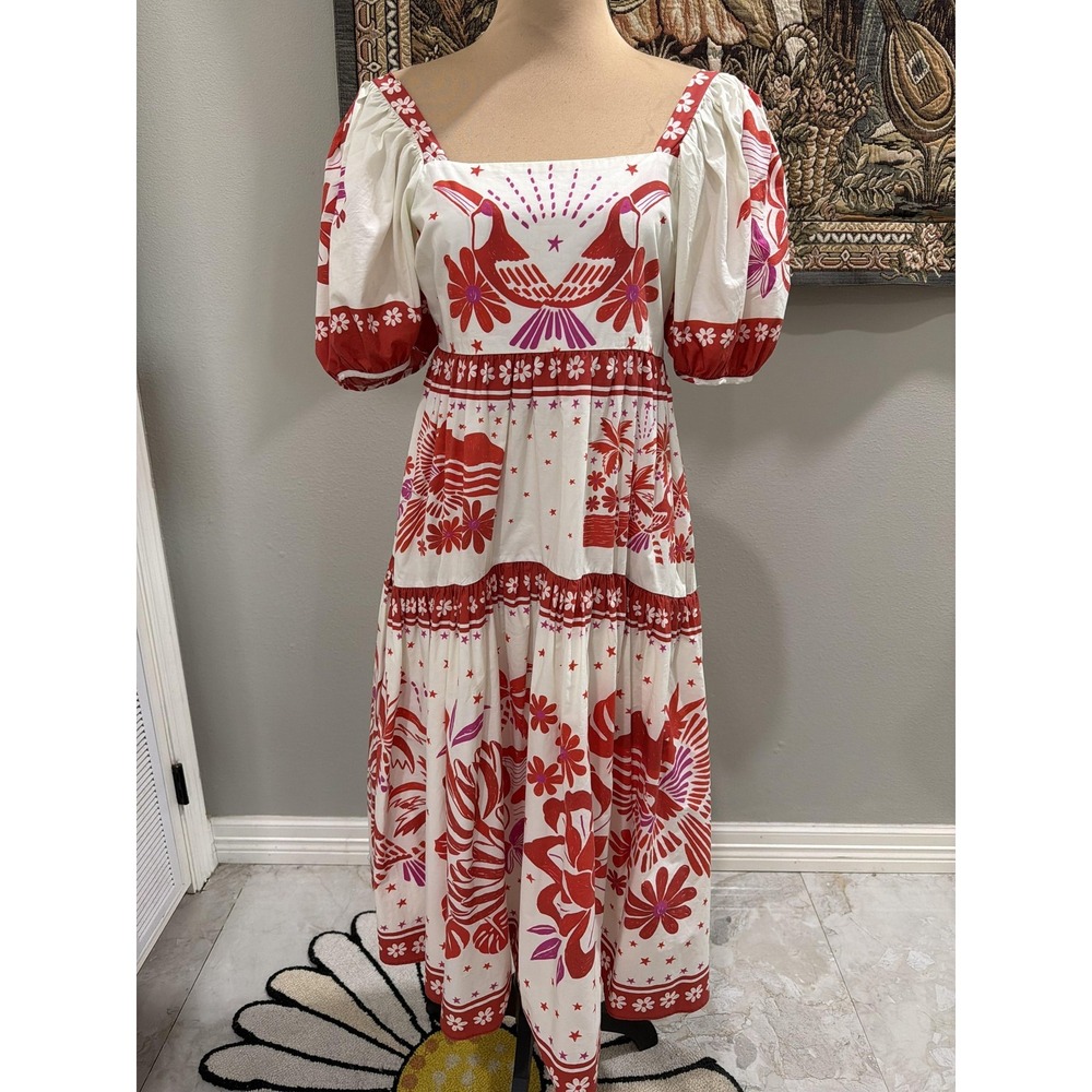 Farm Rio Dress Womens Small White Floral Square Neck Puff Sleeve Midi Sundress